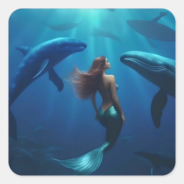 Schönes Meerjungschwimmen mit Humpbackwalen, Quadratischer Aufkleber (Vorderseite)