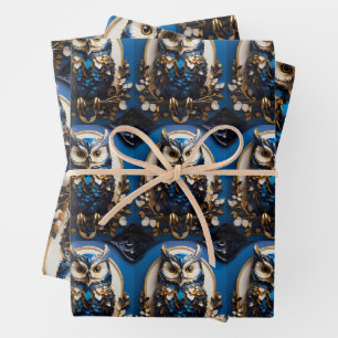 Schönes, minimalistisches blaues Owl Geschenkpapier Set