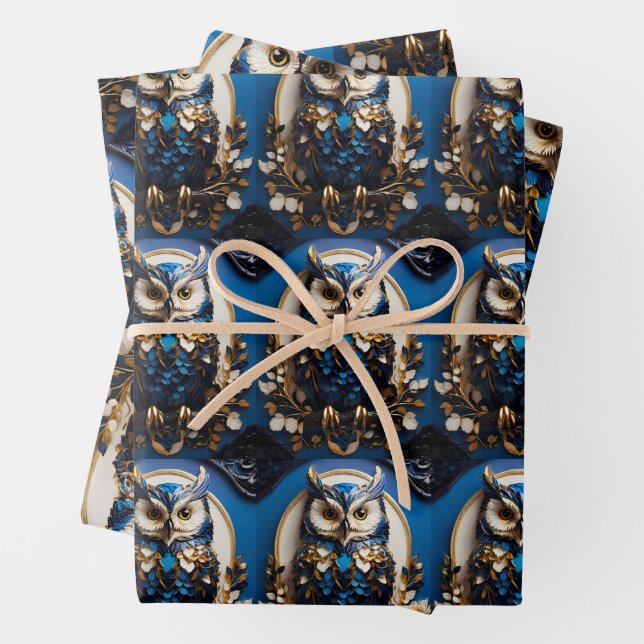 Schönes, minimalistisches blaues Owl Geschenkpapier Set (Beispiel)