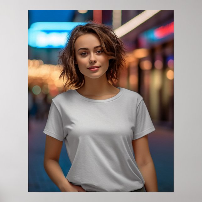 Schönes Modell mit weißem Gildan-T - Shirt Poster (Vorne)
