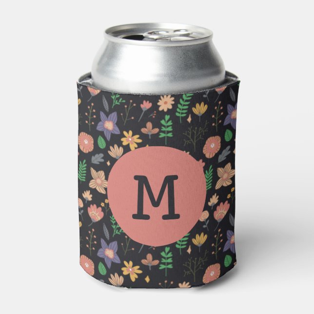 Schönes modernes dunkles Blumenmuster Monogramm Dosenkühler (Kanne Vorderseite)