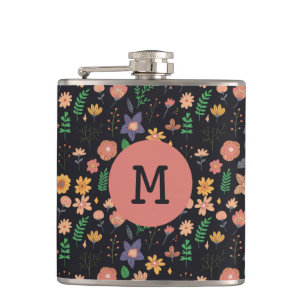 Schönes modernes dunkles Blumenmuster Monogramm Flachmann
