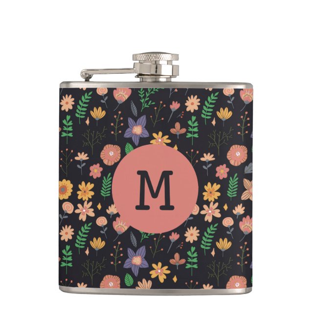 Schönes modernes dunkles Blumenmuster Monogramm Flachmann (Vorderseite)