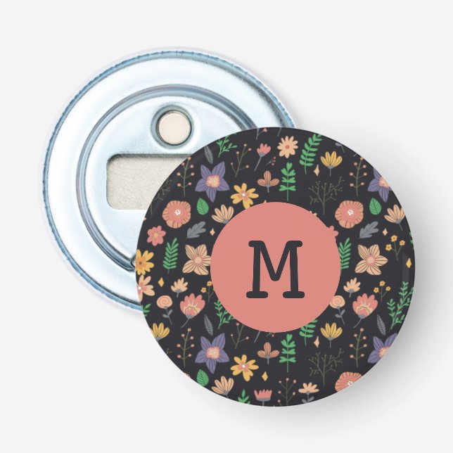 Schönes modernes dunkles Blumenmuster Monogramm Flaschenöffner (Vorderseite)