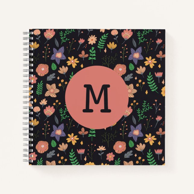Schönes modernes dunkles Blumenmuster Monogramm Notizbuch (Vorderseite)