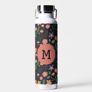 Schönes modernes dunkles Blumenmuster Monogramm Trinkflasche