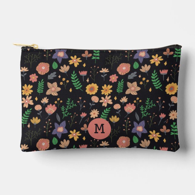 Schönes modernes dunkles Blumenmuster Monogramm Zubehörtasche (Vorderseite)