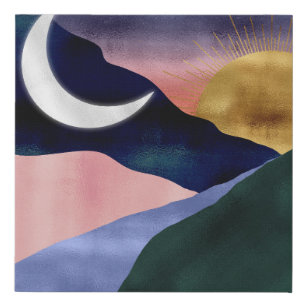 Schönes Mountain River Moon Sunset Design Künstlicher Leinwanddruck