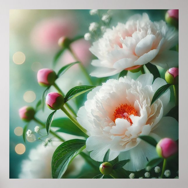 Schönes Nah-Up blühender weißer Peonies Poster (Vorne)