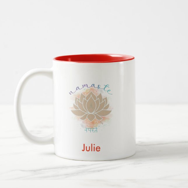 Schönes Namenswort und Lotus Design Zweifarbige Tasse (Links)