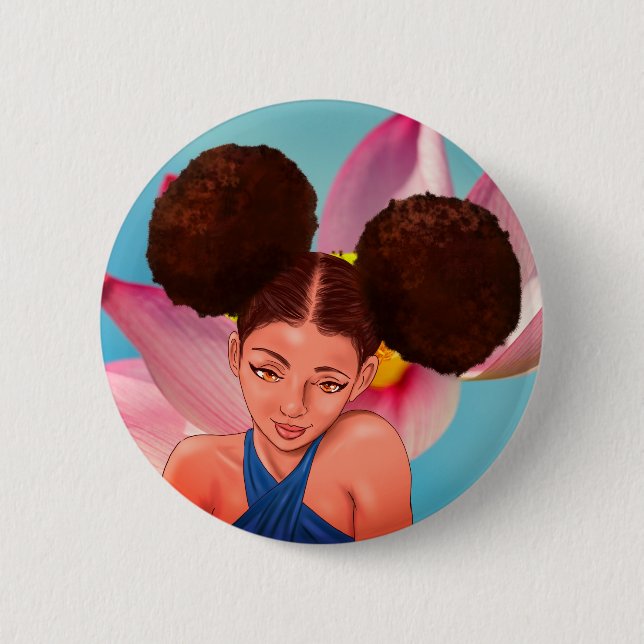 SCHÖNES NATÜRLICHES AFRO PUFF SCHWARZES MÄDCHEN BUTTON (Vorderseite)