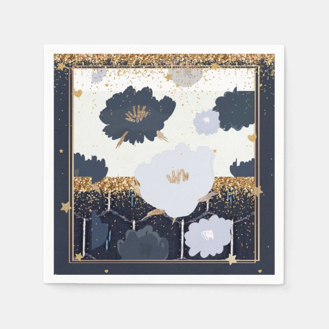 Schönes Navy Blue and Gold Floral Design Serviette (Vorderseite)