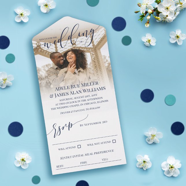 Schönes Navy Blue Script Foto Hochzeit All In One Einladung (Von Creator hochgeladen)