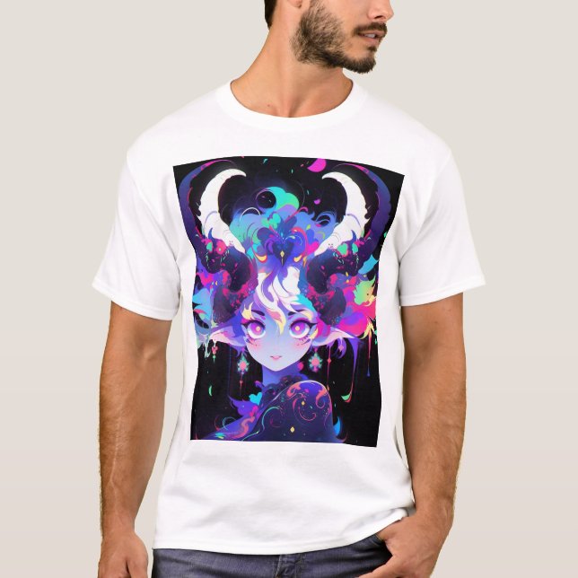 Schönes Neon Anime Demon Elf Girl mit Hörnern T-Shirt (Vorderseite)