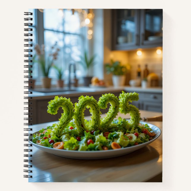 Schönes Notizbuch 2025 Uni mit grünem Salat (Vorderseite)