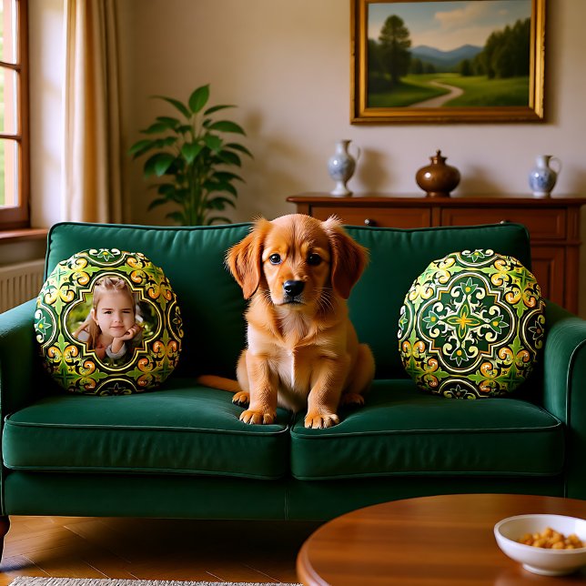 Schönes Oliven- und Gelbzulejos, Foto Rundes Kissen (Beautiful olive and yellow Azulejos, custom photo Round Pillow)