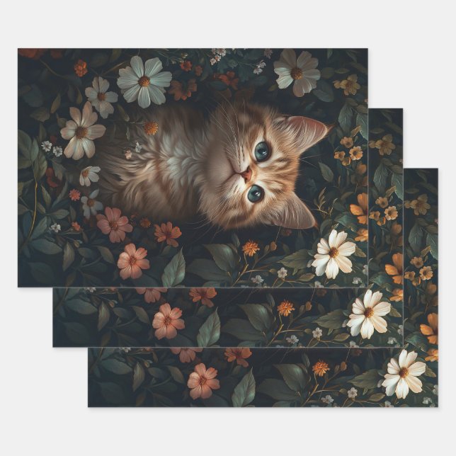 Schönes Orange Kitten mit Wildblumen Decoupage Geschenkpapier Set (Set)