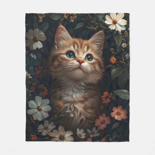 Schönes Orange Kitten mit Wildblumen Fleecedecke (Vorderseite)