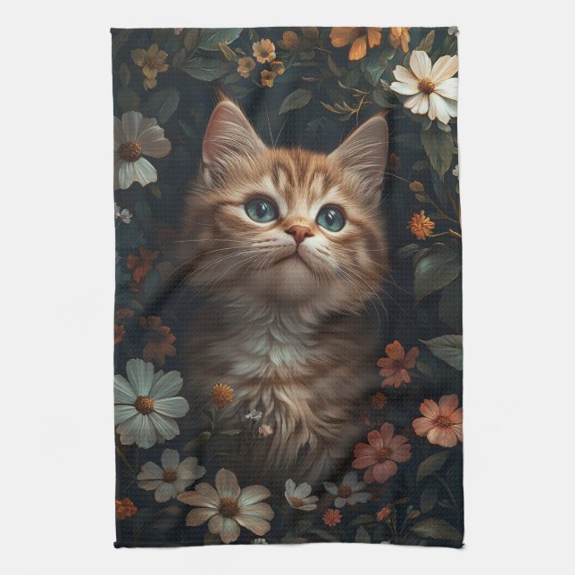 Schönes Orange Kitten mit Wildblumen Geschirrtuch (Vertikal)