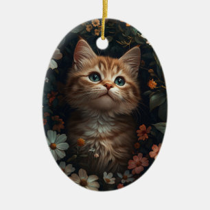 Schönes Orange Kitten mit Wildblumen Keramik Ornament