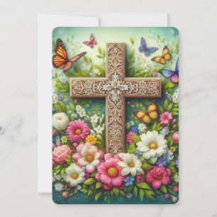 Schönes Osterblumenkreuz mit Schmetterlingen Feiertagskarte