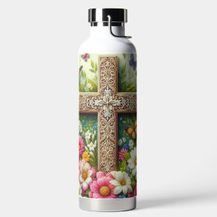 Schönes Osterblumenkreuz mit Schmetterlingen Trinkflasche