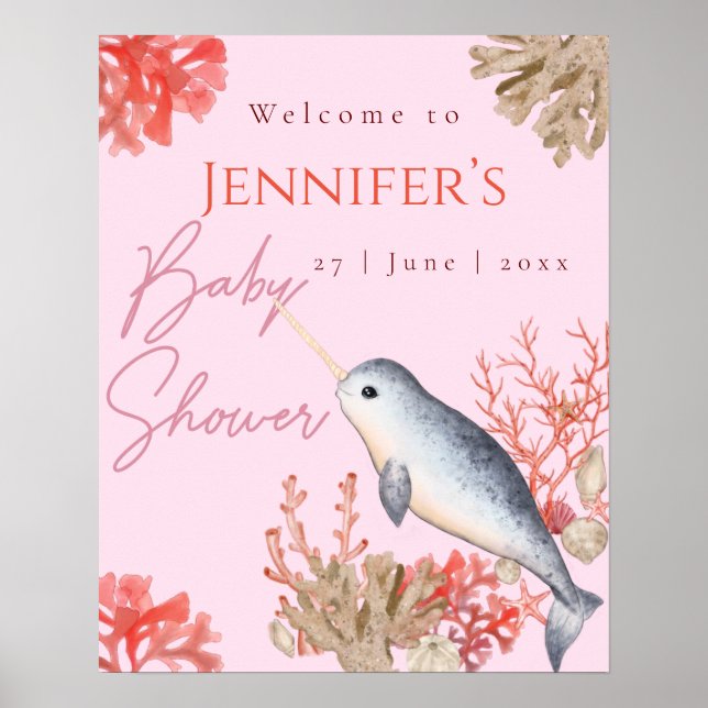 Schönes Ozean Narwhal Baby Dusche Begrüßungspposte Poster (Vorne)