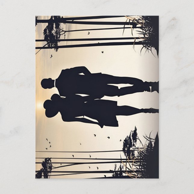 Schönes Paar beim Wandern in Sonnenuntergang Postkarte (Vorderseite)