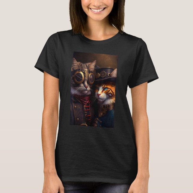 Schönes Paar Steampunk Katzen Kätzchen Anim T-Shirt (Vorderseite)