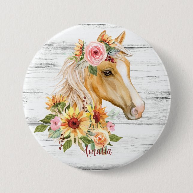 Schönes Palomino Pferd mit Sonnenblumen Custom Button (Vorderseite)