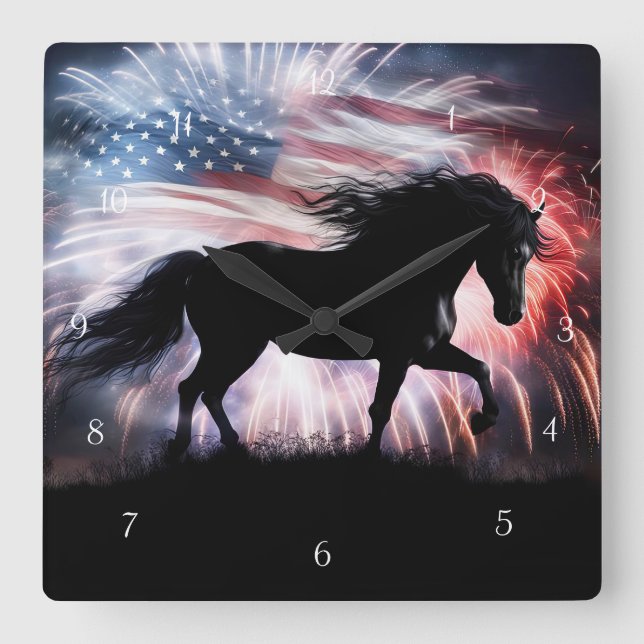 Schönes Parotic Horse American Flag Feuerwerk Quadratische Wanduhr (Vorderseite)