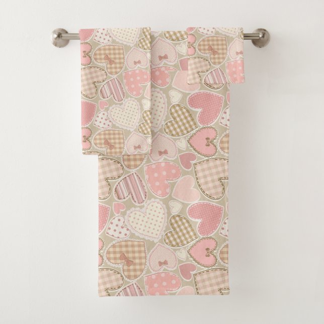 Schönes Patchwork Quilt Muster Pink Hearts Bows Badhandtuch Set (Insitu)