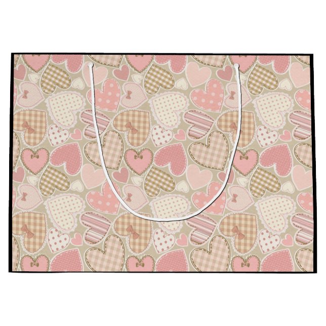 Schönes Patchwork Quilt Muster Pink Hearts Bows Große Geschenktüte (Vorderseite)