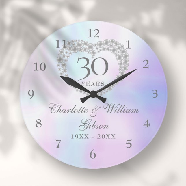Schönes Perlenherz 30 Jahre alt Große Wanduhr (Beautiful Pearl Heart 30th Anniversary Large Clock)