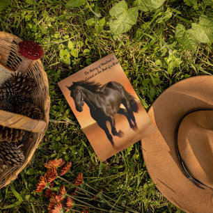 Schönes Pferd auf orangefarbenem Sonnenaufgang Postkarte