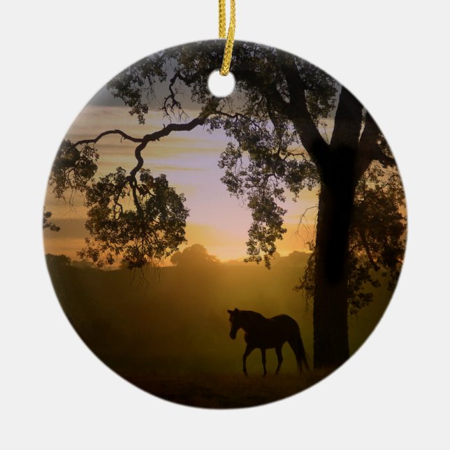 Schönes Pferd im Sonnenuntergang/Eichenbaumschmuck Keramikornament (Vorne)