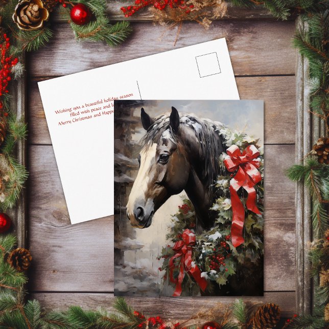 Schönes Pferd mit Winterkraut Weihnachten (Beautiful Horse with Winter Wreath Christmas Holiday Postcard)