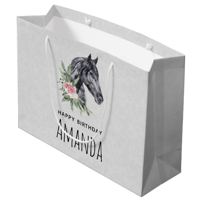 Schönes Pferdeschlittenportrait Wasserfarbe Geburt Große Geschenktüte (Rückseite Schrägansicht)