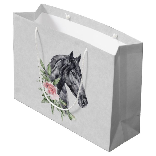 Schönes Pferdeschlittenportrait Wasserfarbe Große Geschenktüte (Rückseite Schrägansicht)