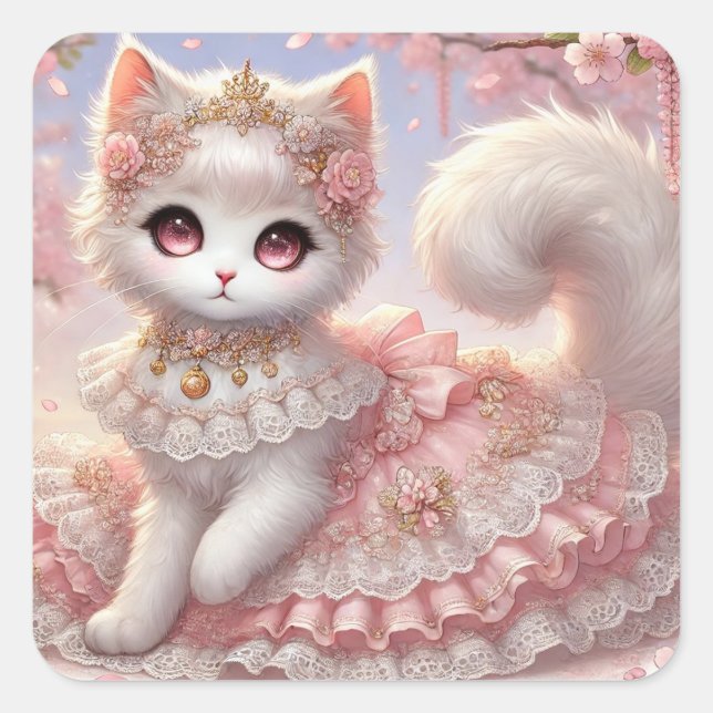 Schönes Pink Lolita Princess Cat Quadratischer Aufkleber (Vorderseite)