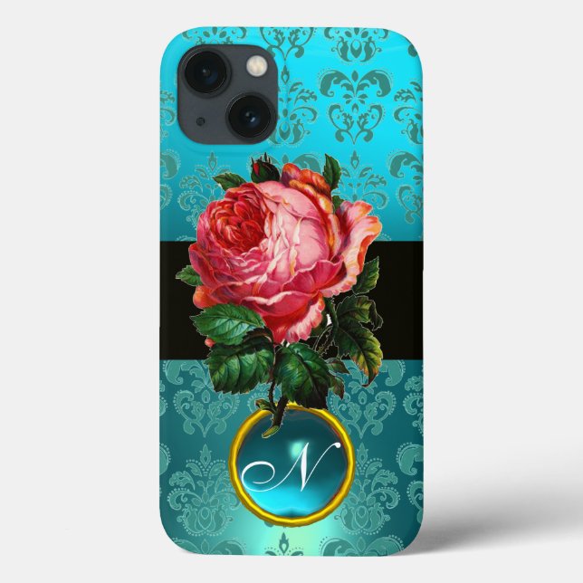 SCHÖNES PINK ROSE BLUE AQUAMARIN DAMASK GEM MONOGR Case-Mate iPhone HÜLLE (Rückseite)