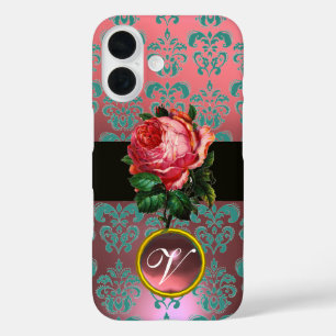 SCHÖNES PINK ROSE BLUE AQUAMARIN DAMASK GEM MONOGR iPhone 16 HÜLLE