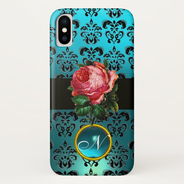 SCHÖNES PINK ROSE BLUE BLACK DAMASK GEM MONOGRAMM Case-Mate iPhone HÜLLE (Rückseite)