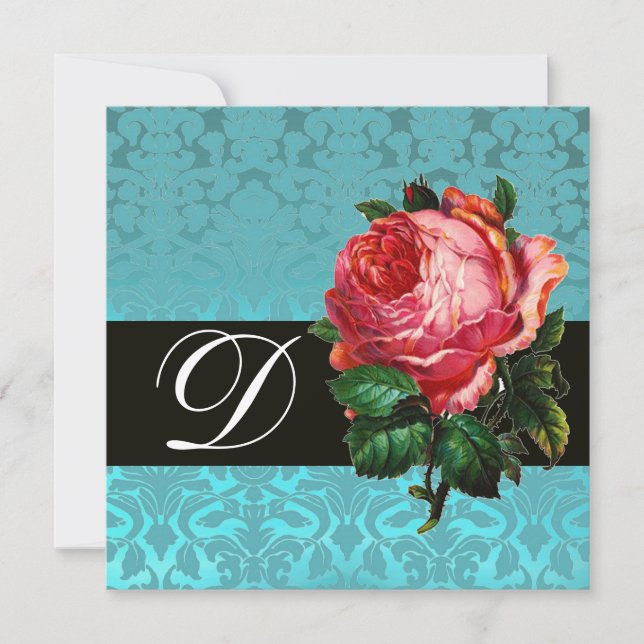 SCHÖNES PINK ROSE BLUE BLACK DAMASK MONOGRAMM EINLADUNG (Vorderseite)