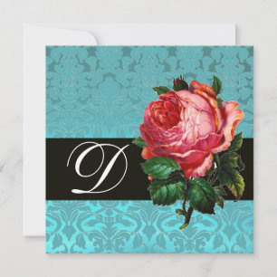 SCHÖNES PINK ROSE BLUE BLACK DAMASK MONOGRAMM EINLADUNG