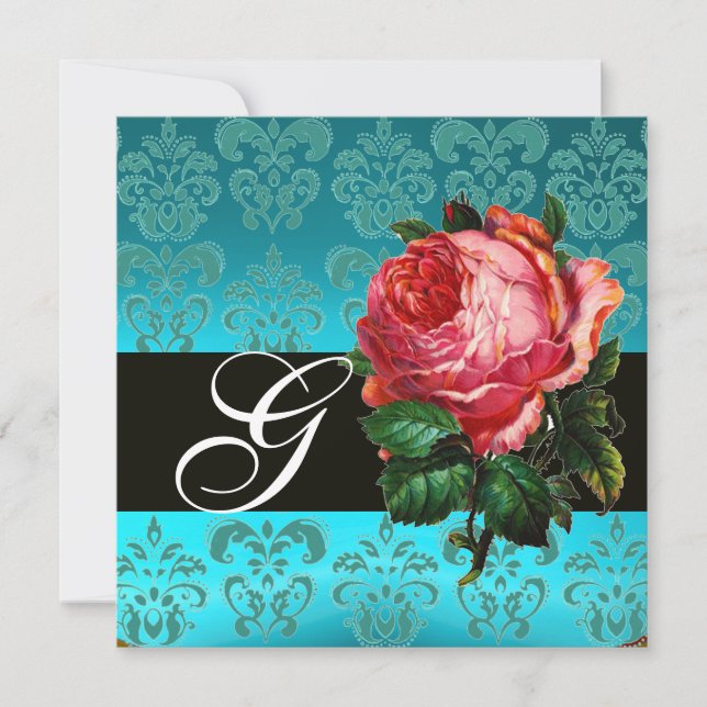 SCHÖNES PINK ROSE BLUE BLACK DAMASK MONOGRAMM EINLADUNG (Vorderseite)