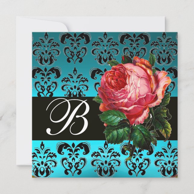 SCHÖNES PINK ROSE BLUE BLACK DAMASK MONOGRAMM EINLADUNG (Vorderseite)