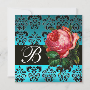 SCHÖNES PINK ROSE BLUE BLACK DAMASK MONOGRAMM EINLADUNG