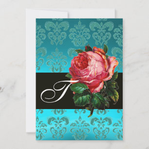 SCHÖNES PINK ROSE BLUE BLACK DAMASK MONOGRAMM EINLADUNG
