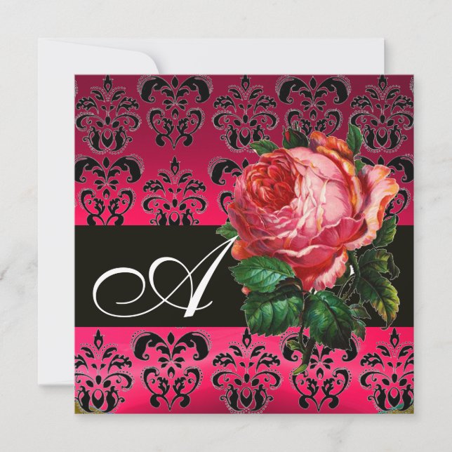 SCHÖNES PINK ROSE FUCHSIA SCHWARZ DAMASK MONOGRAMM EINLADUNG (Vorderseite)